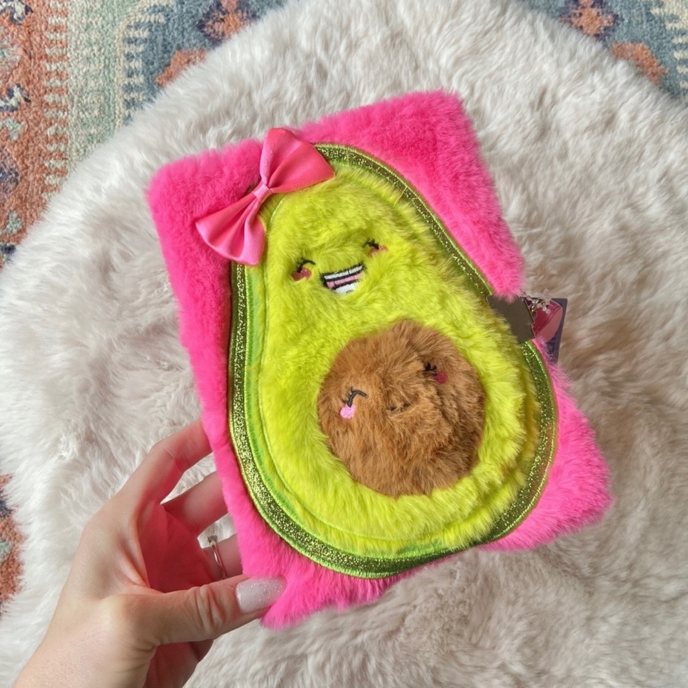 Claire’s fuzzy avocado plush locking diary pink green notebook Valentine gift